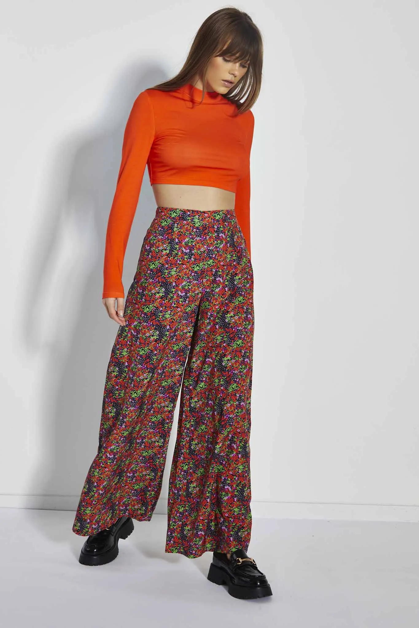 Glamorous Care Purple Orange Ditsy Wide Leg Trousers