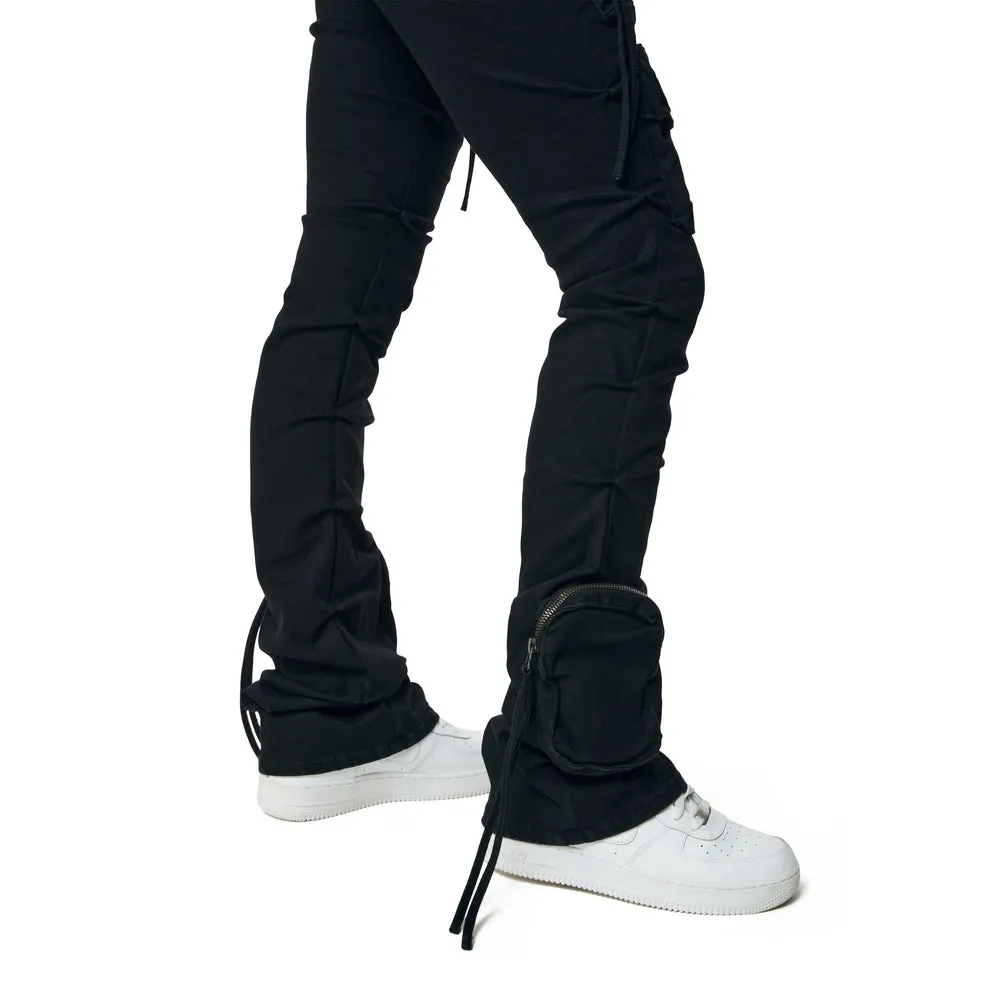 High Rise Cargo Stacked Denim Jeans - Deep Black