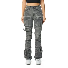 High Rise Cargo Stacked Denim Jeans - Twinkle Grey