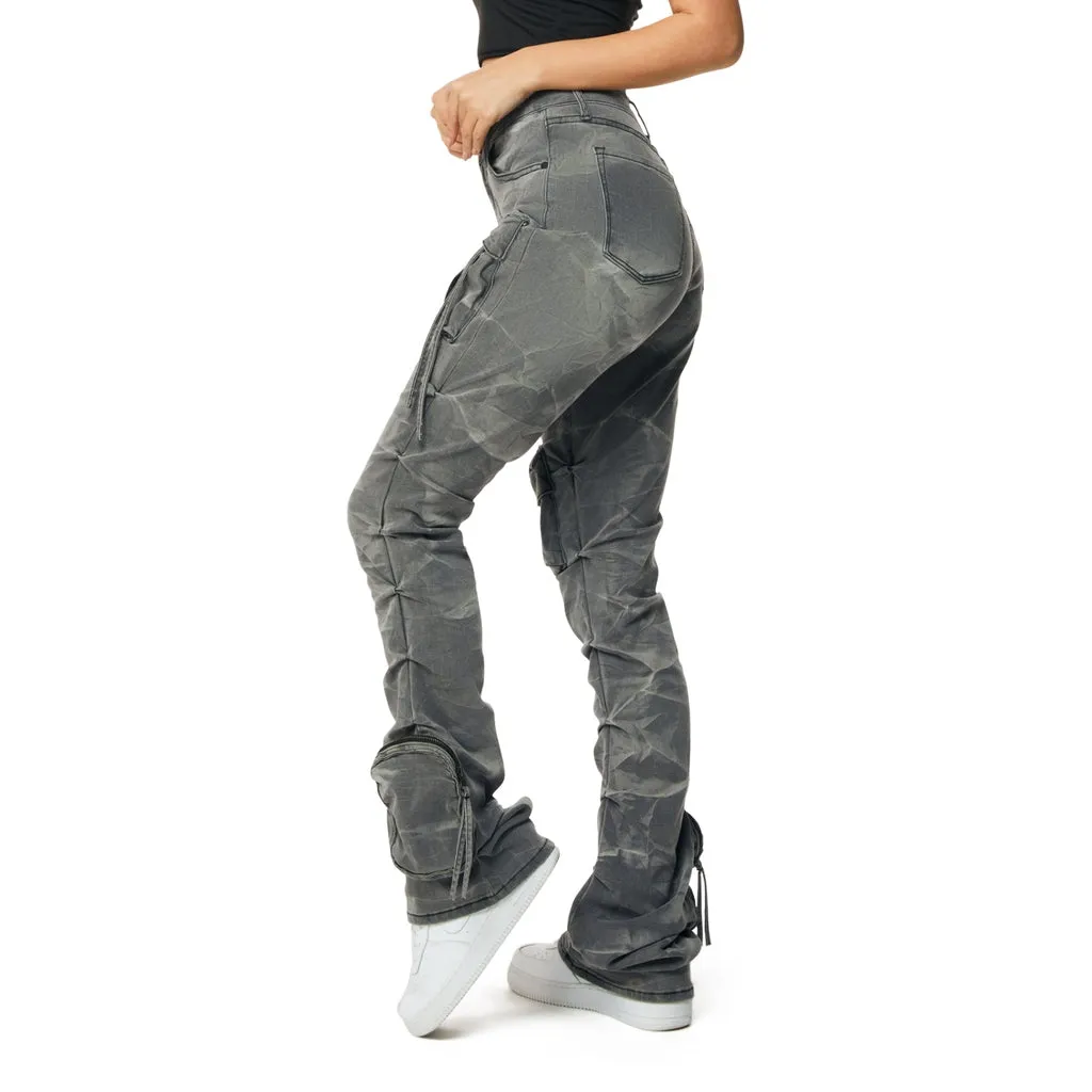 High Rise Cargo Stacked Denim Jeans - Twinkle Grey