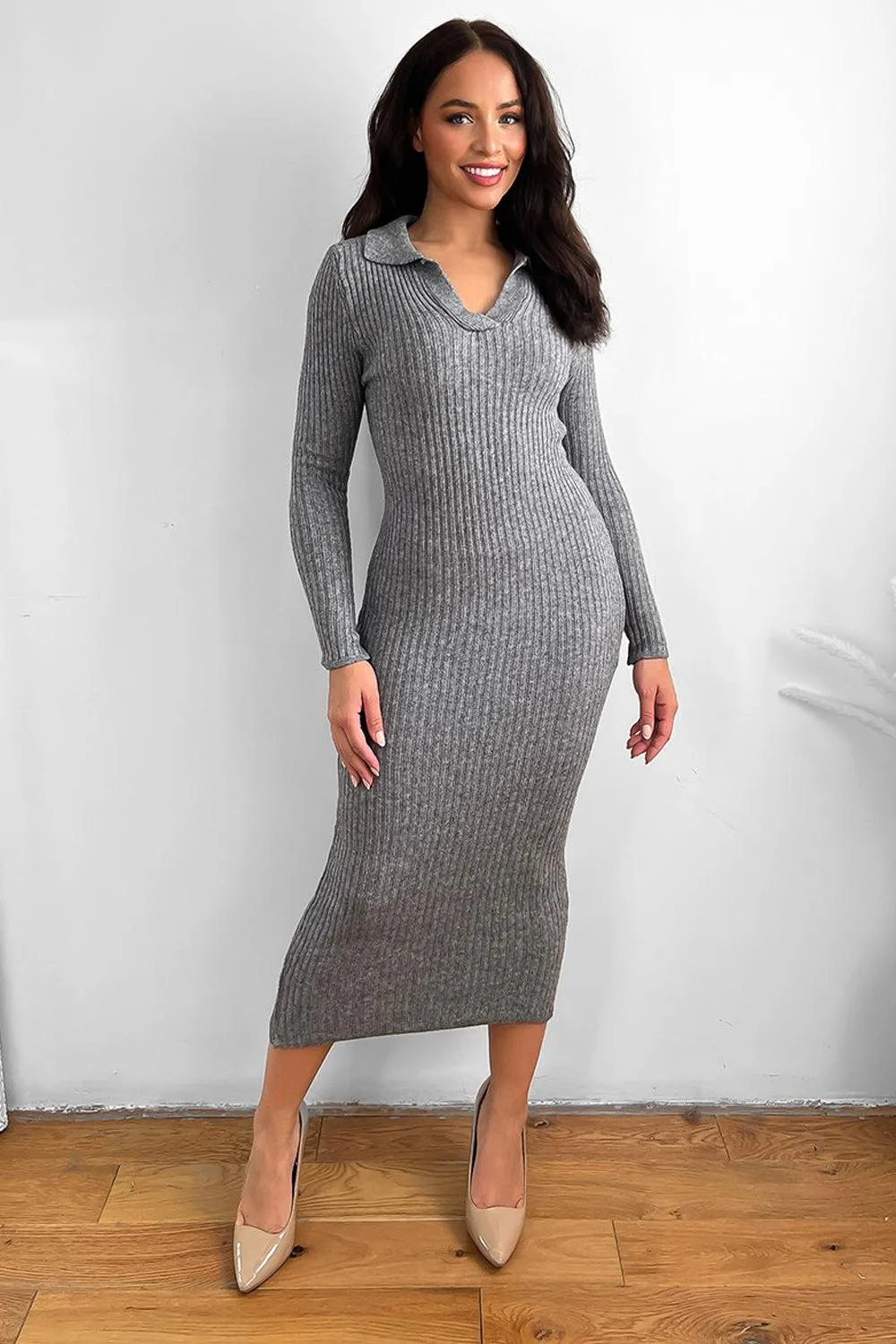 Large Collar Midaxi Knitted Dress