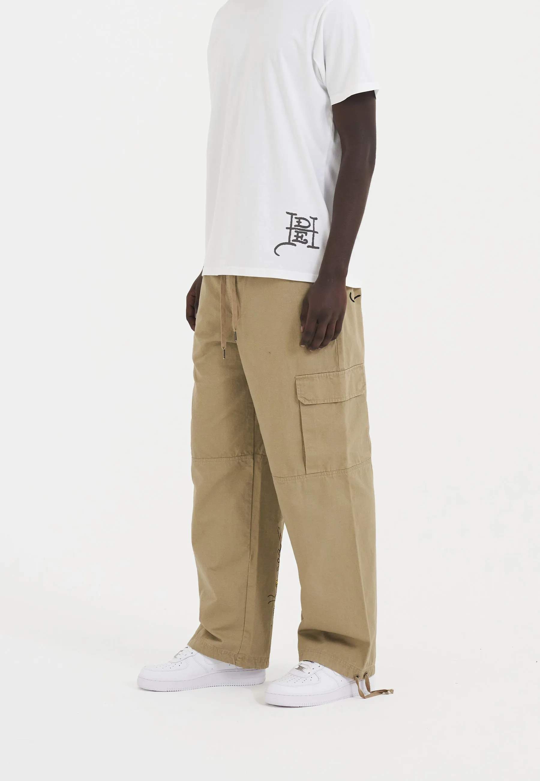 Mens Sword Dragon Ripstop Woven Cargo Pants Trousers - Beige