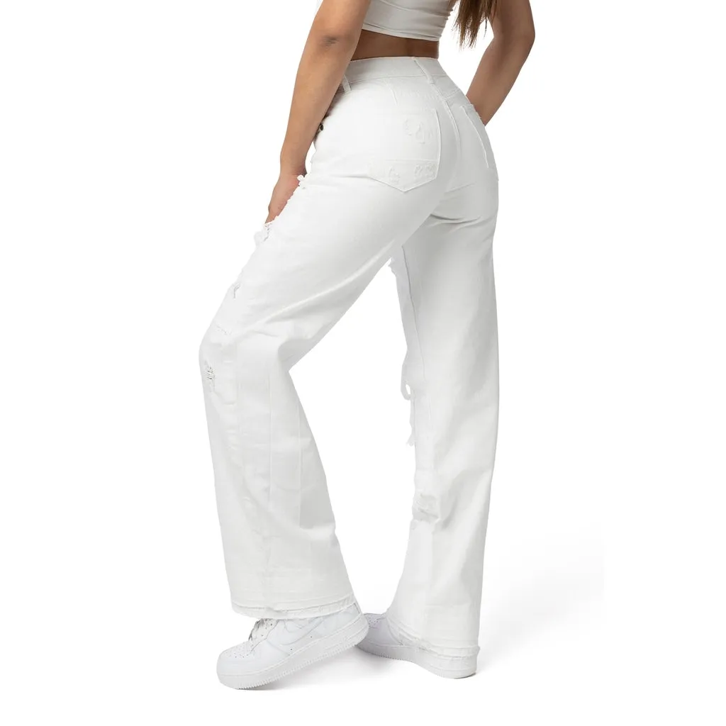 Mid Rise Rip Off Wide Leg Denim Jeans - White