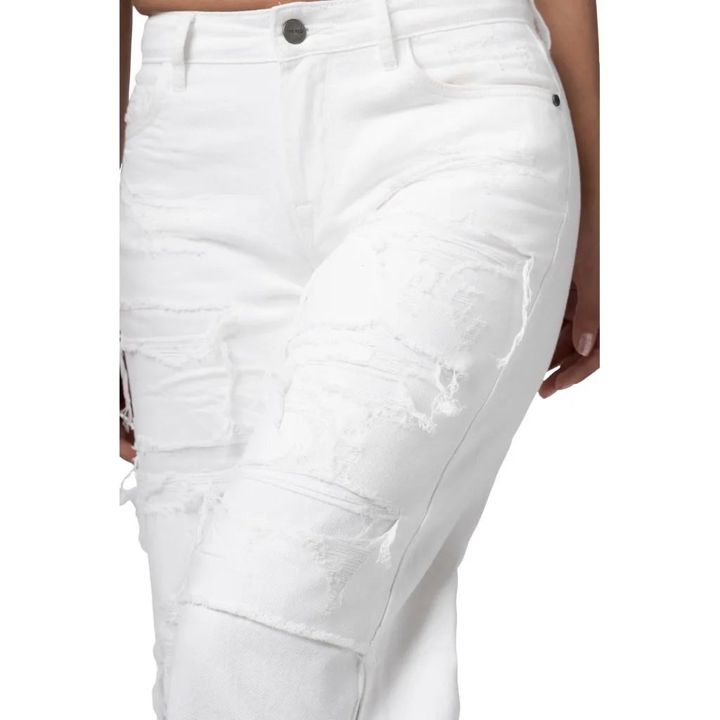 Mid Rise Rip Off Wide Leg Denim Jeans - White