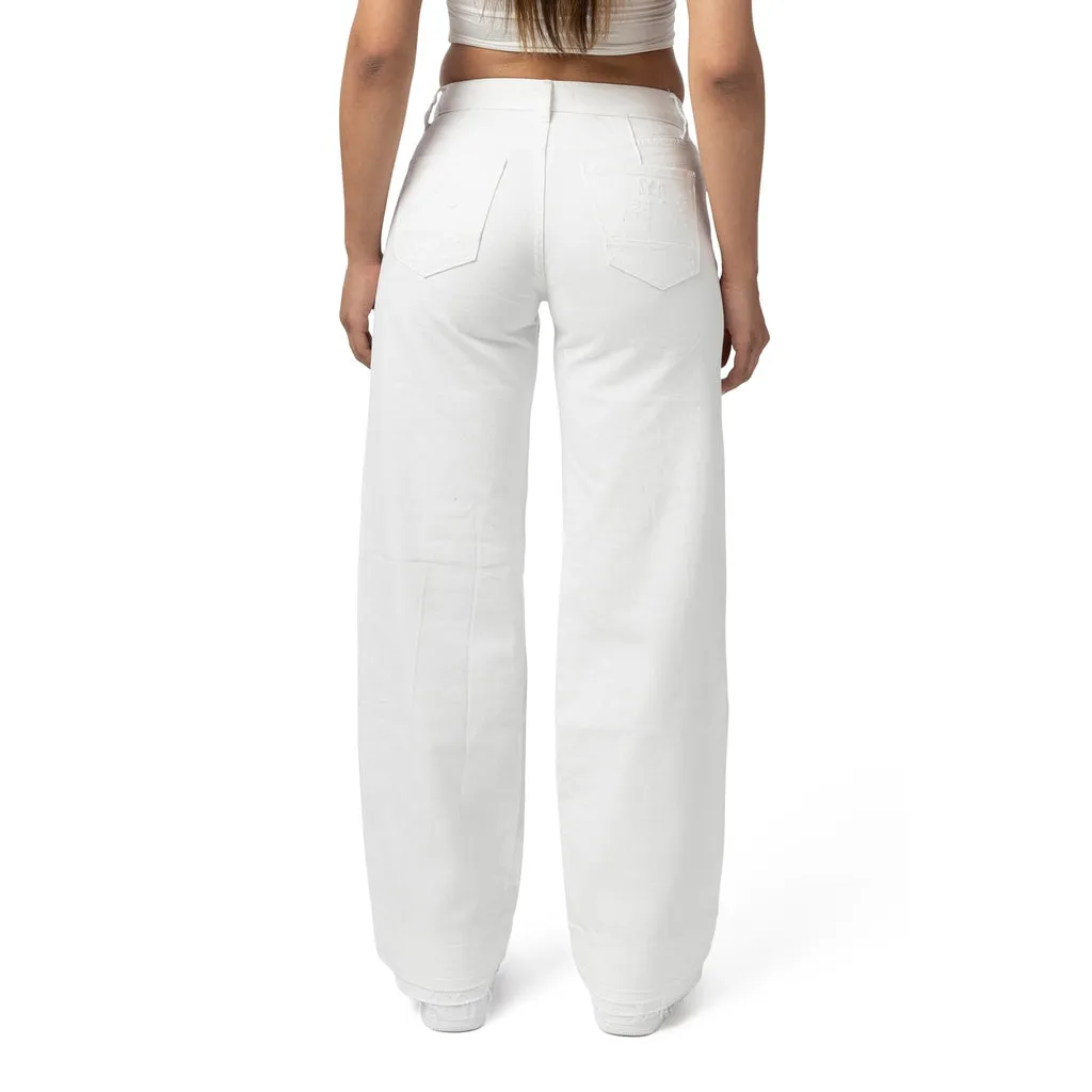 Mid Rise Rip Off Wide Leg Denim Jeans - White