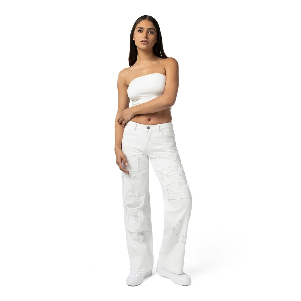 Mid Rise Rip Off Wide Leg Denim Jeans - White