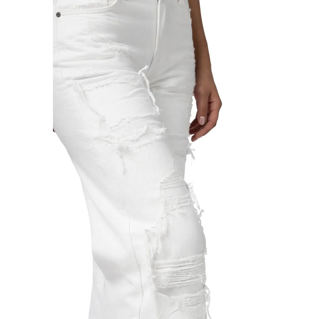 Mid Rise Rip Off Wide Leg Denim Jeans - White