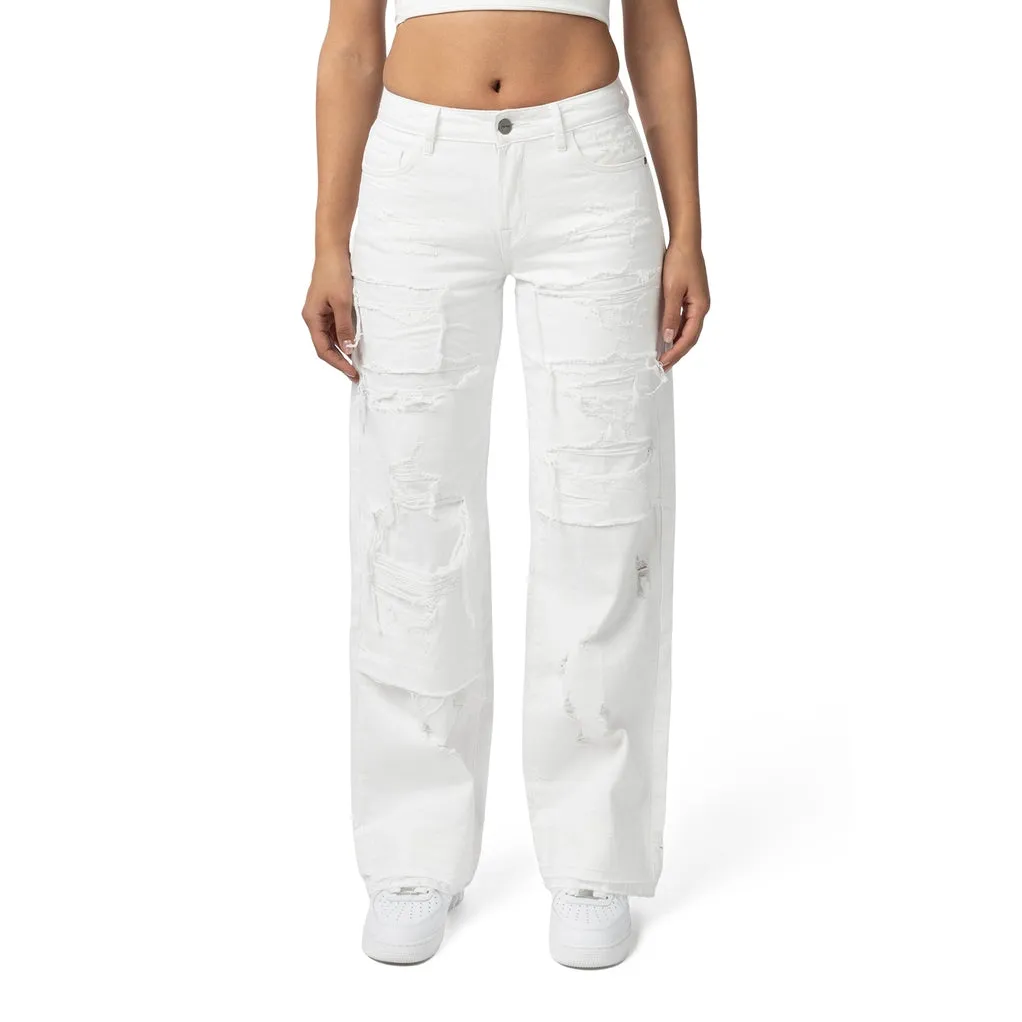 Mid Rise Rip Off Wide Leg Denim Jeans - White