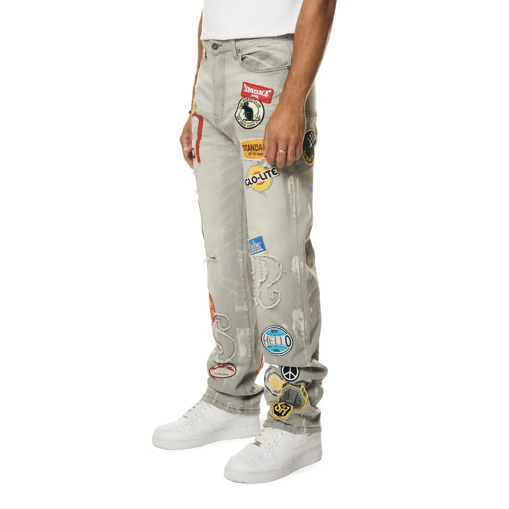 Multi Embroidered Patched Retro Denim Jeans - Cold Grey