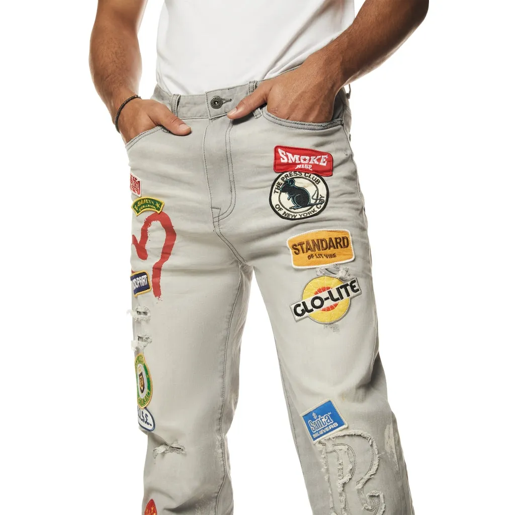 Multi Embroidered Patched Retro Denim Jeans - Cold Grey