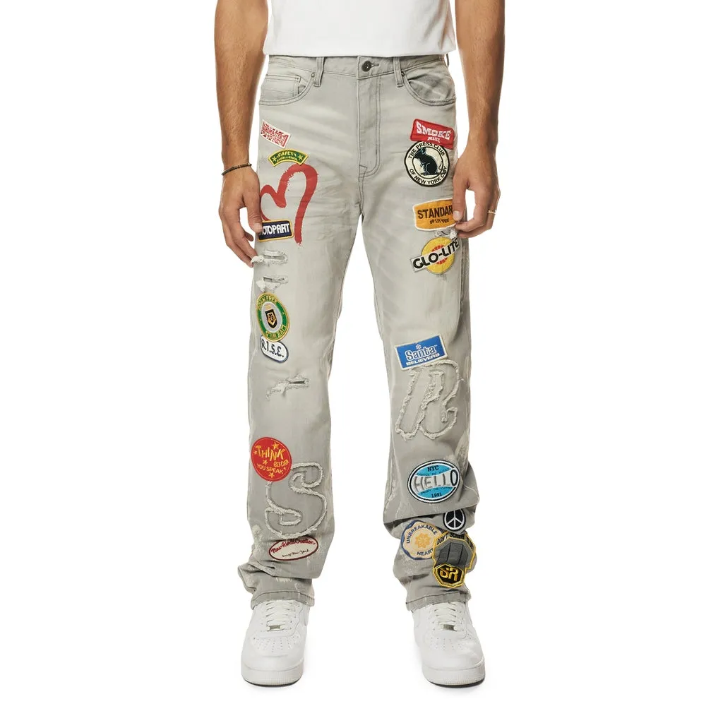 Multi Embroidered Patched Retro Denim Jeans - Cold Grey