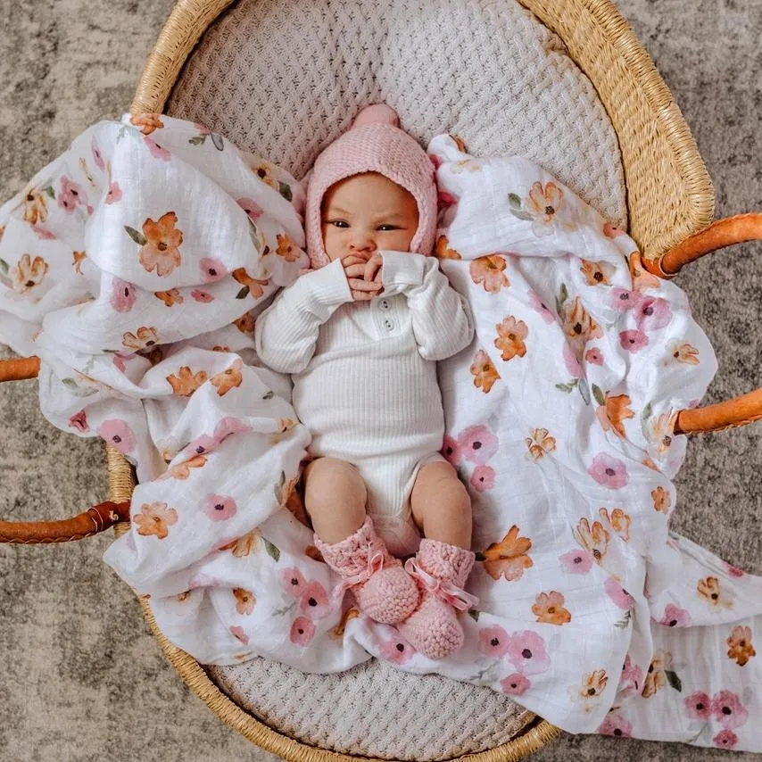 Pink Merino Wool Bonnet & Booties Set