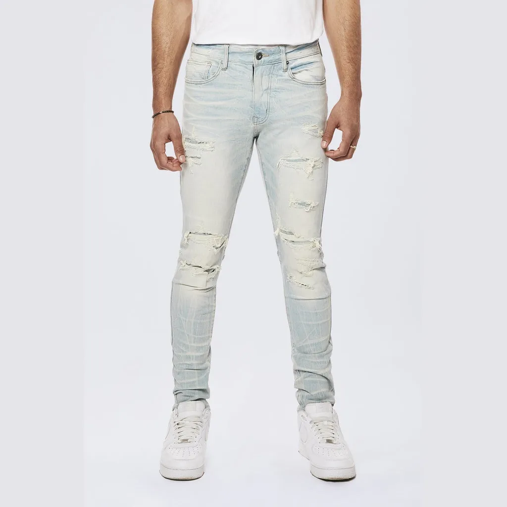 Rip & Repaired Color Slim Tapered Denim Jeans - Speckle Blue