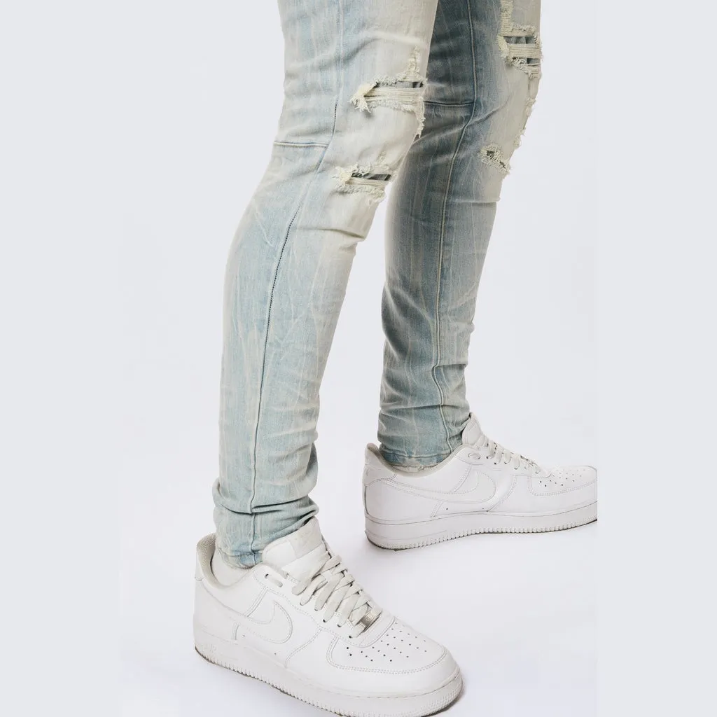 Rip & Repaired Color Slim Tapered Denim Jeans - Speckle Blue