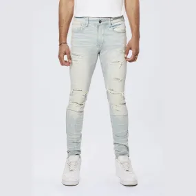 Rip & Repaired Color Slim Tapered Denim Jeans - Speckle Blue