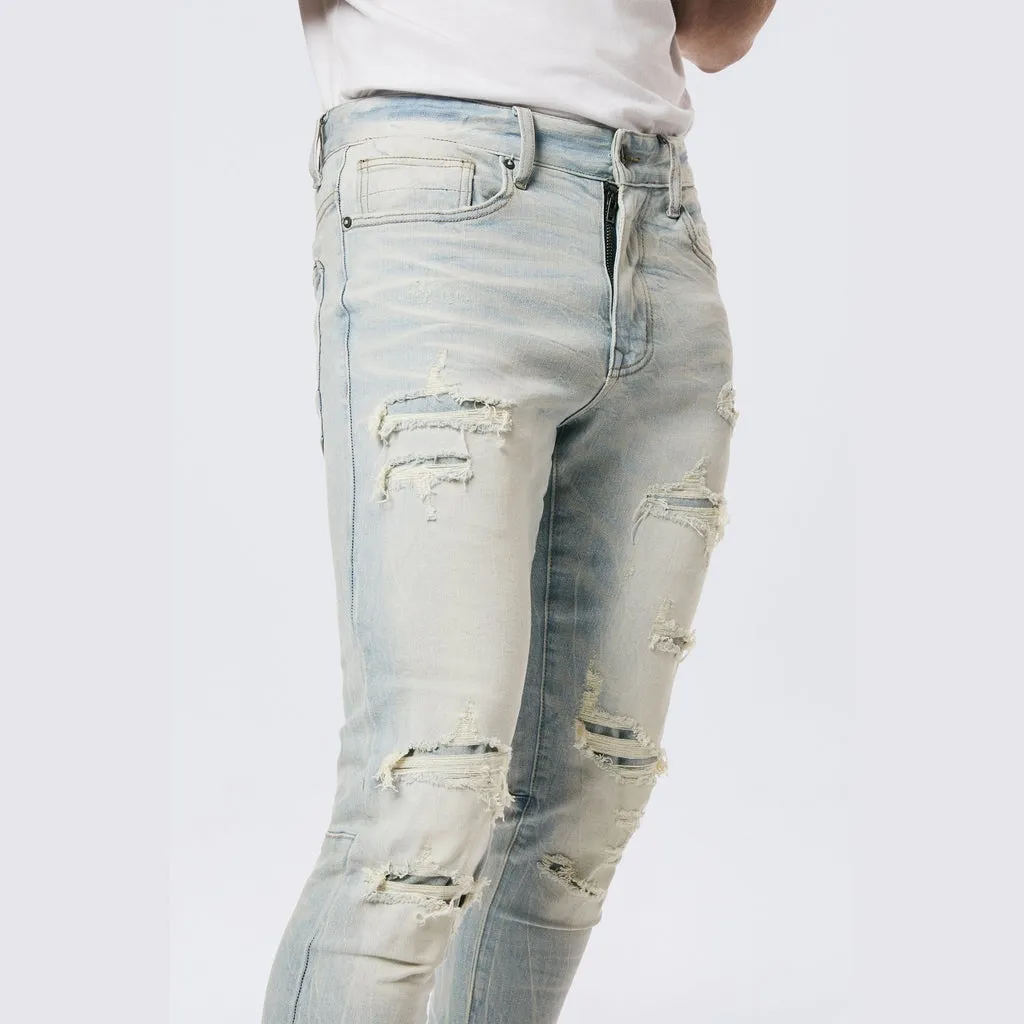 Rip & Repaired Color Slim Tapered Denim Jeans - Speckle Blue