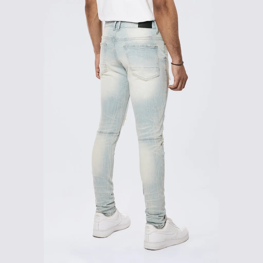 Rip & Repaired Color Slim Tapered Denim Jeans - Speckle Blue