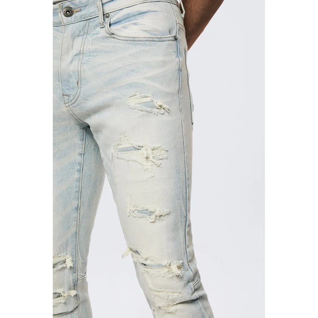 Rip & Repaired Color Slim Tapered Denim Jeans - Speckle Blue