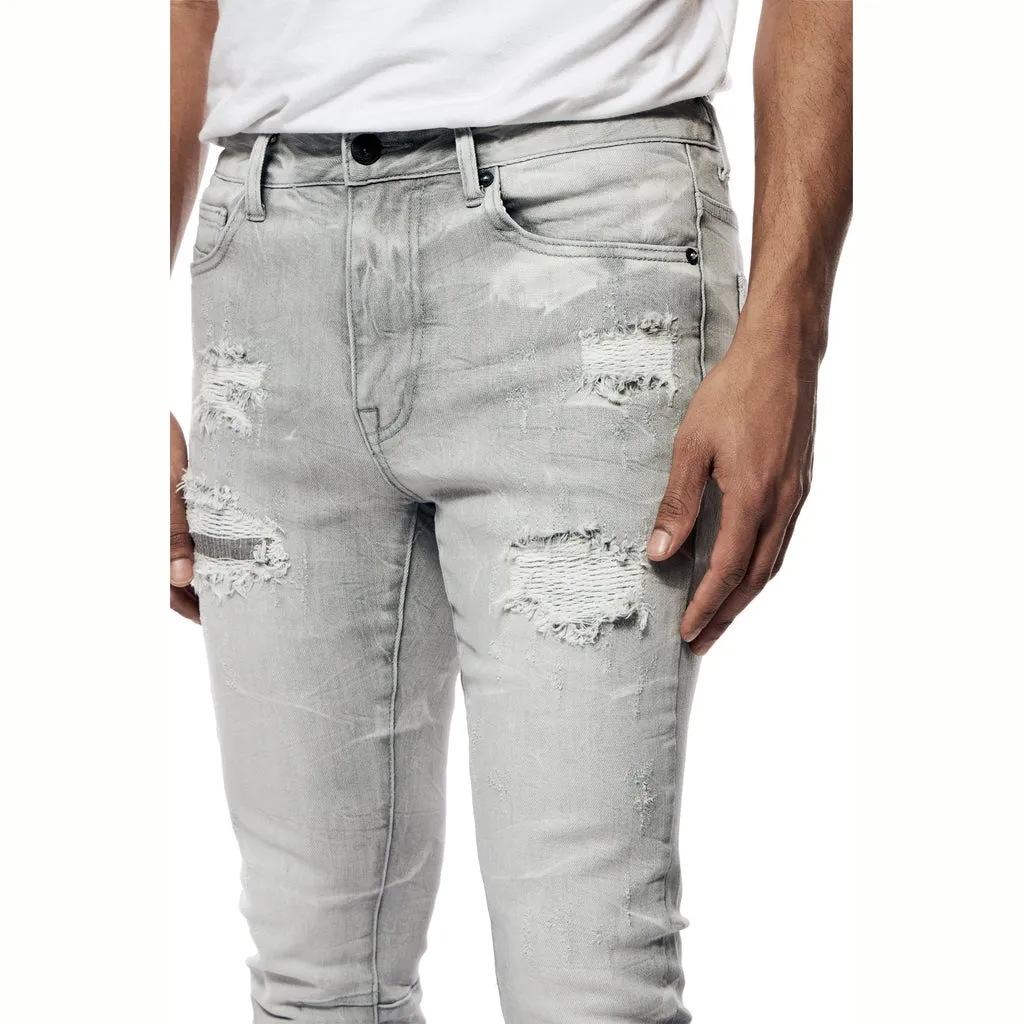 Rip & Repaired Lightning Washed Denim Jeans - Cloud Grey