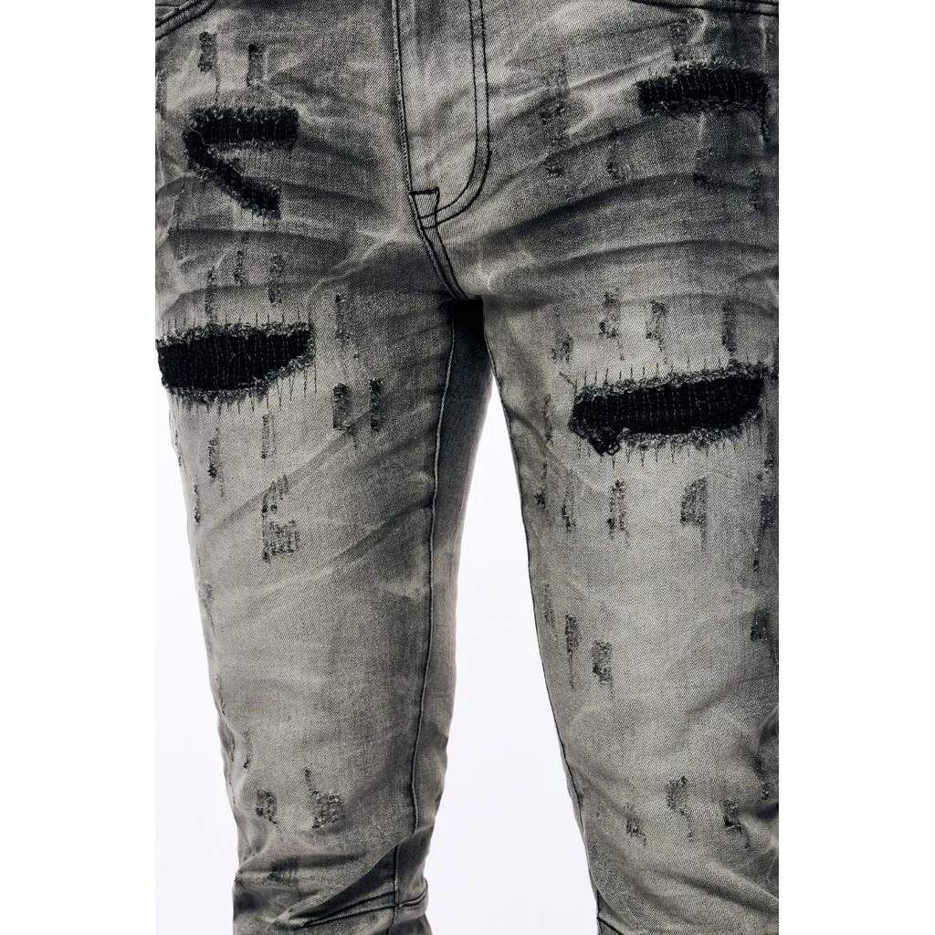 Rip & Repaired Lightning Washed Denim Jeans - Lightning Black