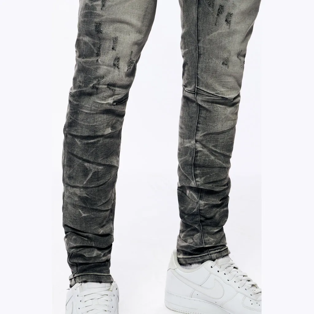 Rip & Repaired Lightning Washed Denim Jeans - Lightning Black