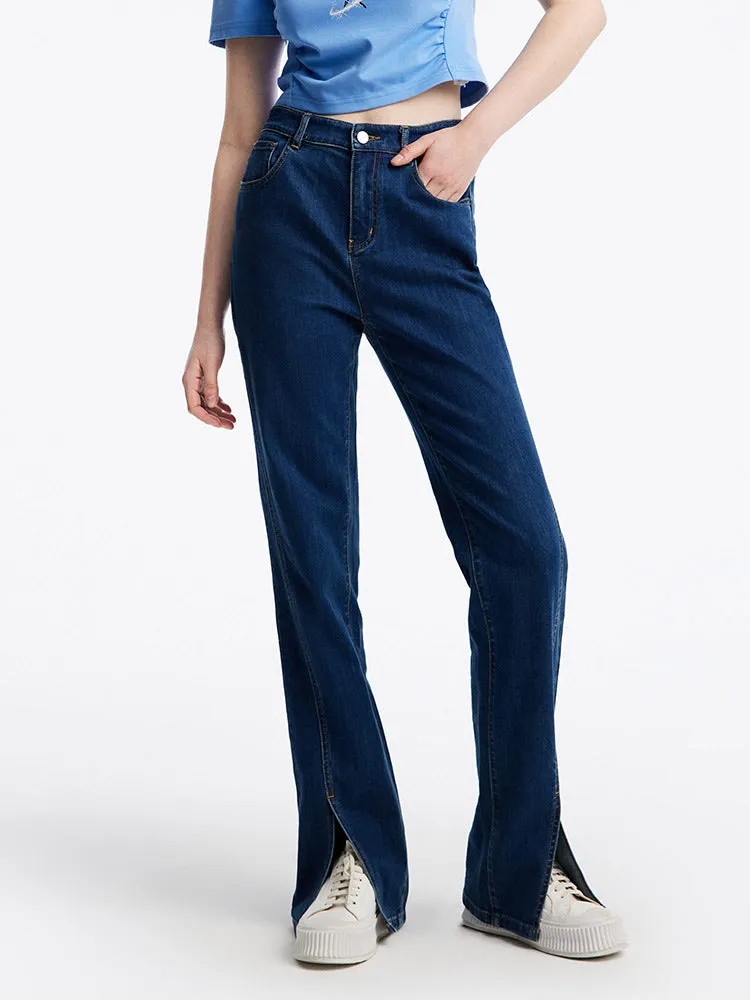 Slant Slit Denim Straight Leg Full Length Jeans