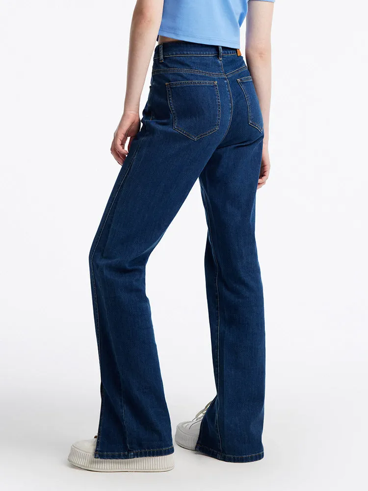 Slant Slit Denim Straight Leg Full Length Jeans