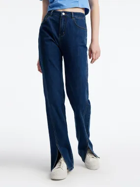 Slant Slit Denim Straight Leg Full Length Jeans