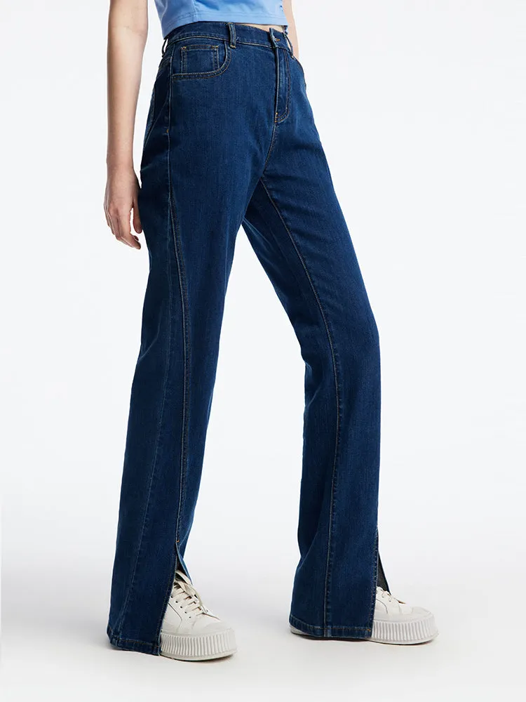 Slant Slit Denim Straight Leg Full Length Jeans