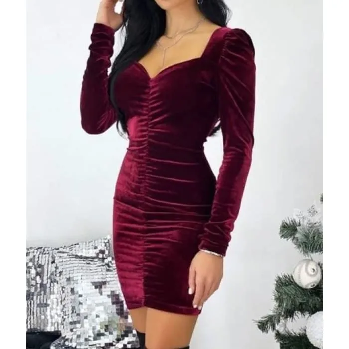 Wine Velvet Ruched Dress