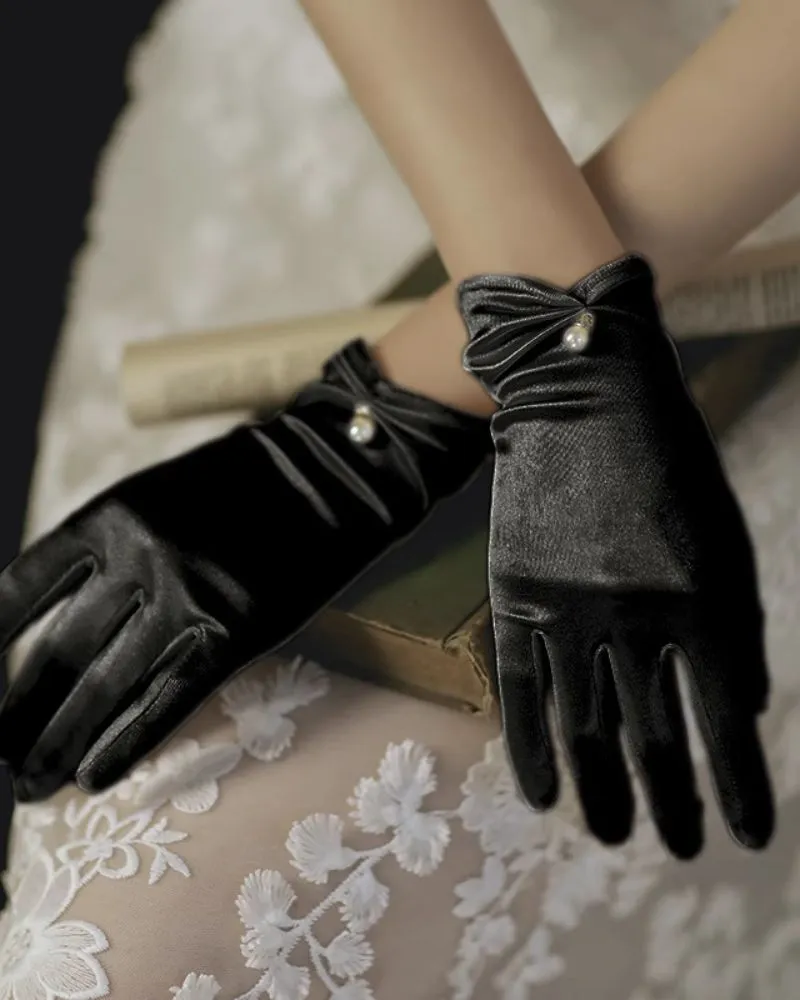 Women's Satin Stretch Gloves With Pearl For Evening Party Prom