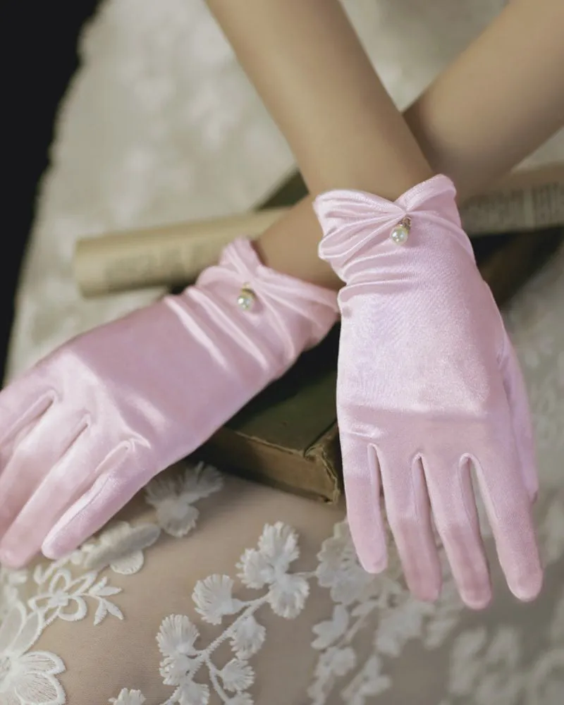 Women's Satin Stretch Gloves With Pearl For Evening Party Prom