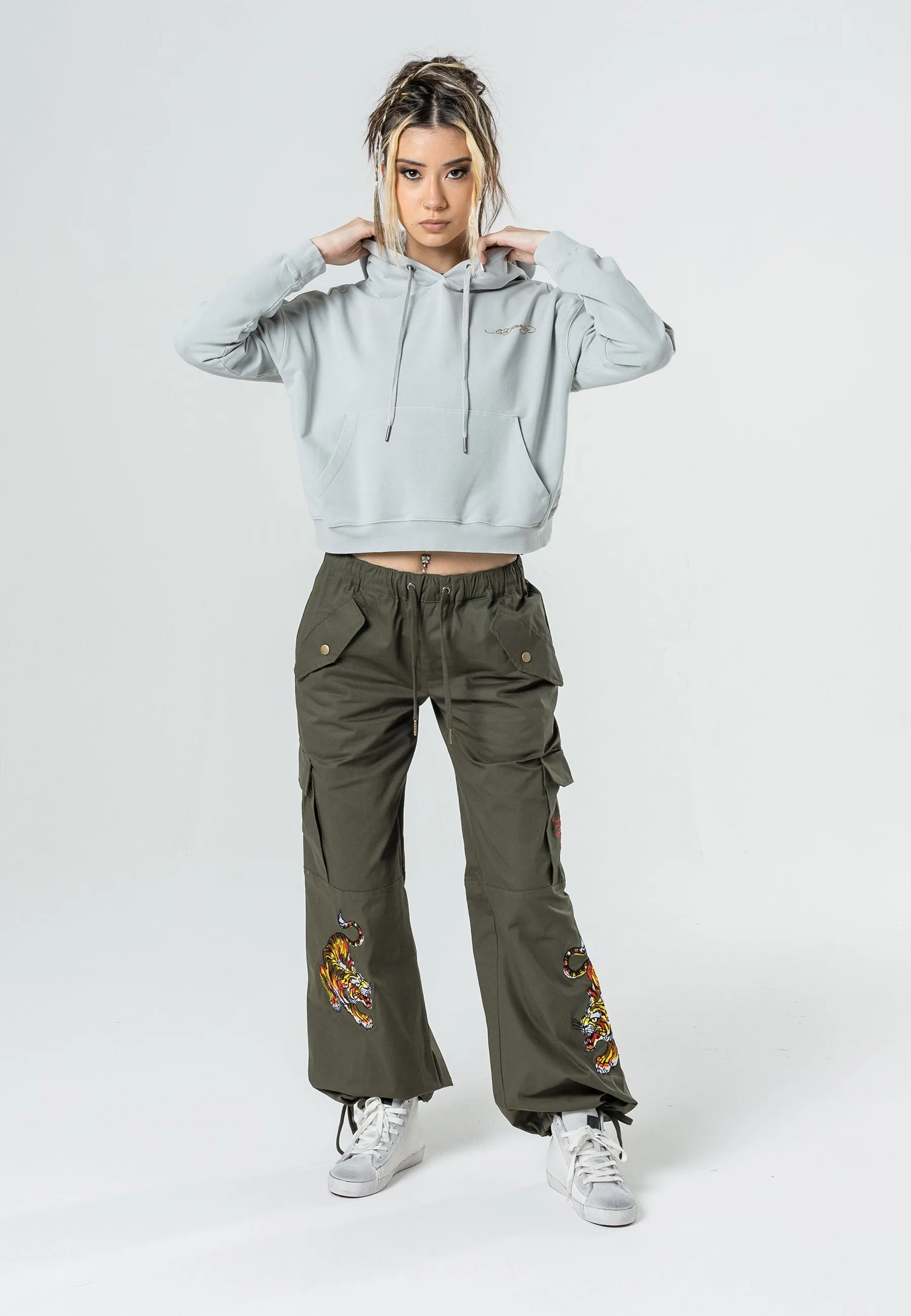 Womens Tiger Cargo Pants Trousers - Olive